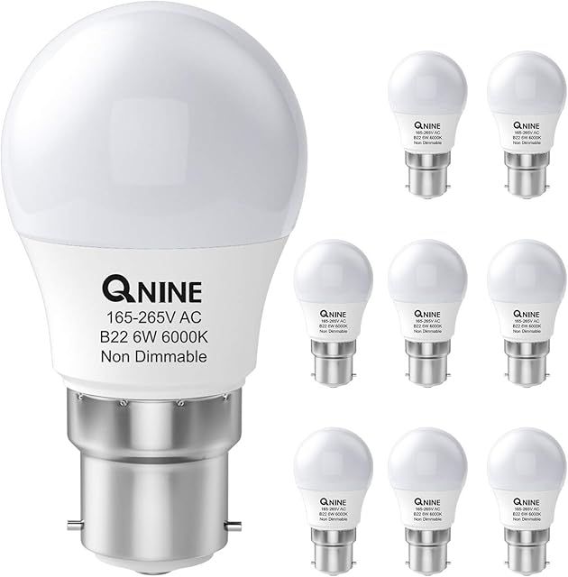 QNINE 8-Pack Cool White Bayonet Light Bulb, 6W (60W Equivalent), 550lm, B22 LED Golf Ball Bulb, 6000K, Non-Dimmable