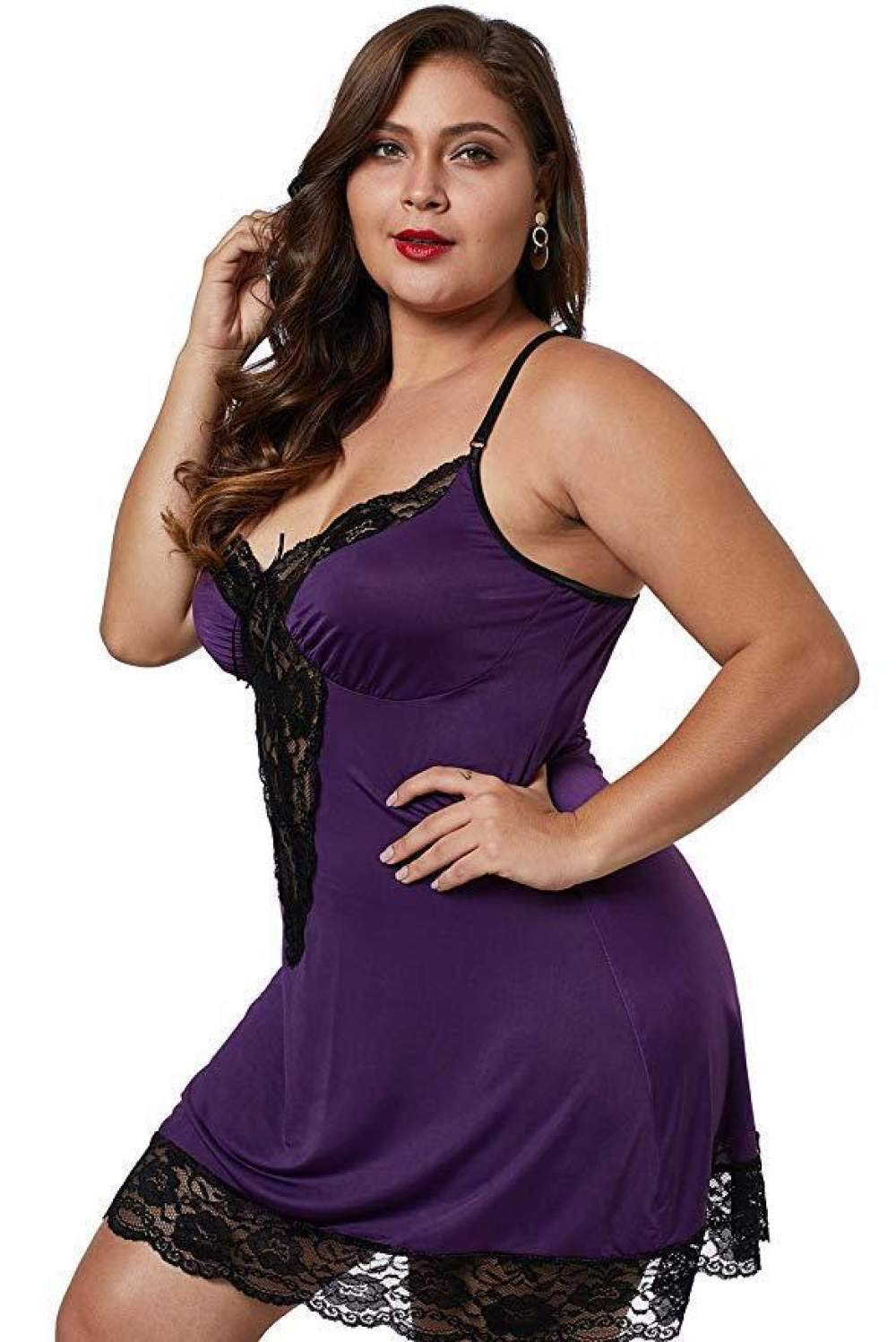 AKAZI Lingerie Sexy per San Valentino, Set di Lingerie Sexy da Donna Taglie Forti per Bambole, Scollo a V, Camicia da Notte, Abito da Notte in Pizzo, Indumenti da Notte con Perizoma (Viola 7XL)