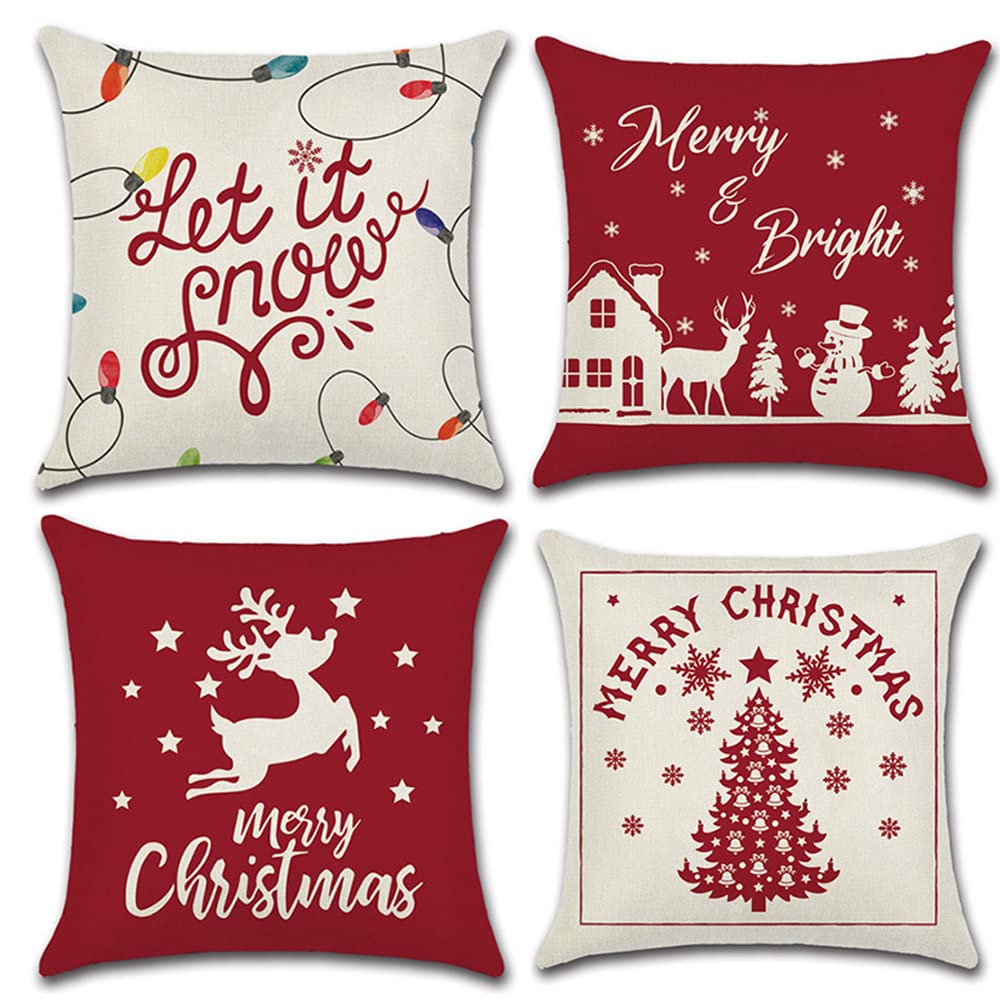 COWORK-UP 4er Set Weihnachten kissenbezüge 45x45cm Kissenbezug Dekorative kissenhüllen für Schlafzimmer Wohnzimmer Büro Garten Sofa, Baumwolle Leinen Zierkissenbezug mit unsichtbarem Reißverschluß