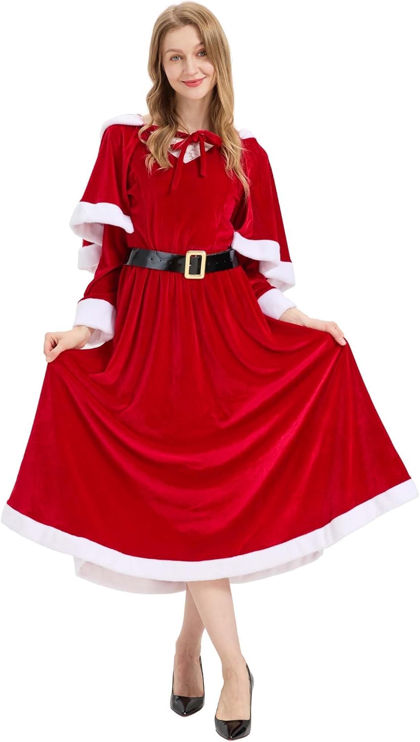 Mrs Claus Costume for Women Adult Christmas Miss Santa Claus Dress Red Long Sleeve Cosplay Party Plus Size Outfit 3X-Large