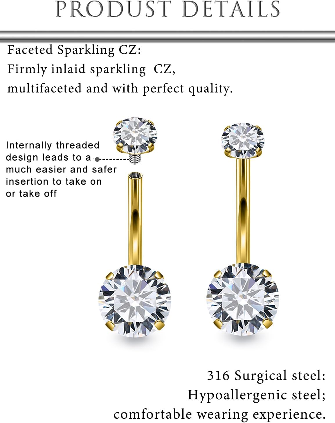 Hoeudjo Belly Button Ring Surgical Steel Belly Button Piercing 14G Belly Rings For Women Internally Threaded Round Cubic Zirconia Long Navel Barbell Jewelry 8/10/12/14mm - Image 3