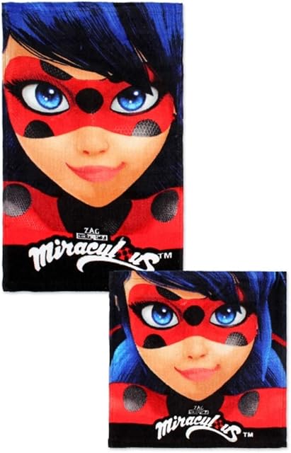 Theonoi 2-częściowy zestaw ręczników dla dzieci  do wyboru: Psi Patrol Frozen Ladybug Thomas Spiderman  100% bawełna  ręcznik/ręcznik do twarzy i myjka (ladybug)