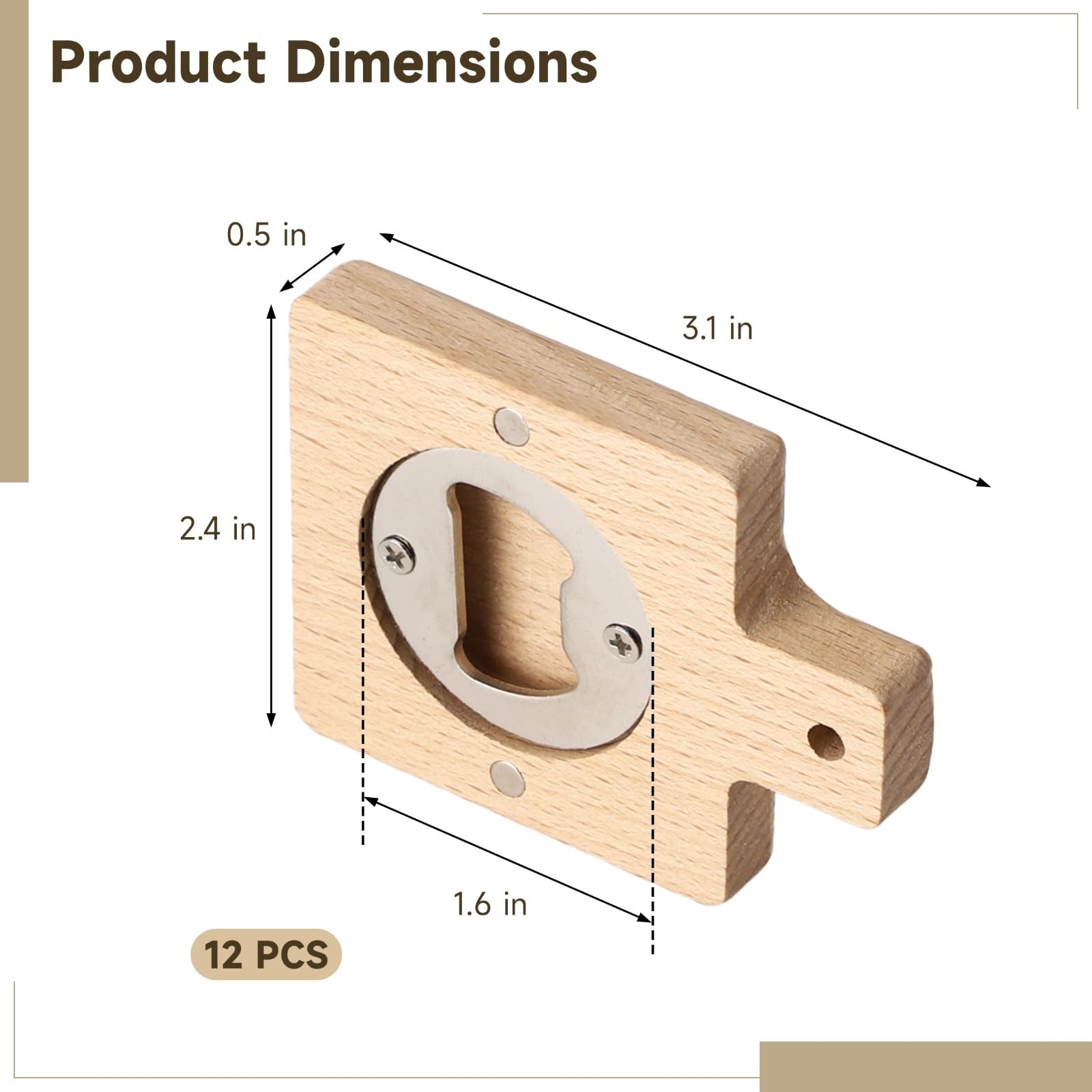 12 Stk. Flaschenöffner aus Buchenholz, 6,6 x 1,3 cm, quadratisch mit Griff und freier DIY-Fläche, mit Metallrückseite für Kühlschrank, Geschenk für Partys, Hochzeiten, Bars