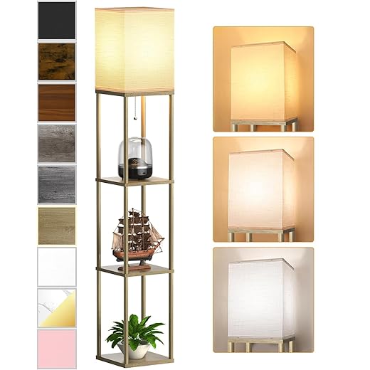 Floor Lamp with Shelves for Living Room Natural Wood, Shelf Floor Lamp with 3 CCT LED Bulb, Corner Display Standing Column Lamp Etagere Organizer Tower Nightstand with White Linen Shade for Bedroom