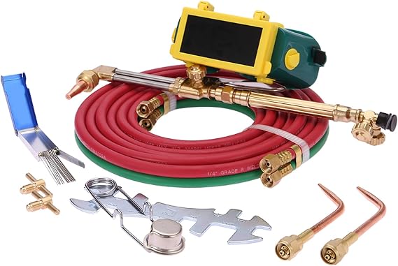 Portable Oxy Acetylene Torch Kit, Long Pipe Brass Nozzle Welding Torch Kit with Gauge Oxygen Acetylene, Brazing Torch Kit, Welding Cutting Torch Kit Soldering Equipment (Red)