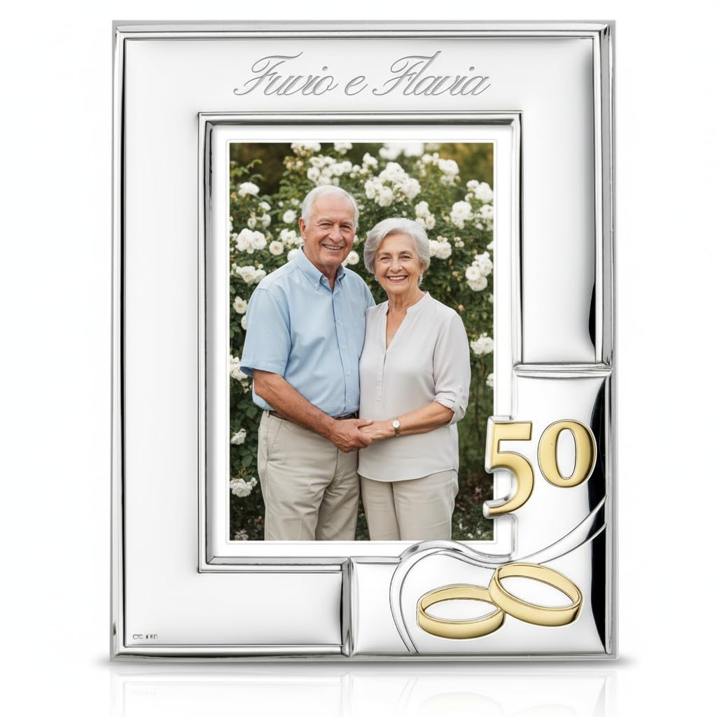 Portafoto per il Cinquantesimo 50 Anniversario di Matrimonio con Cornice in Argento Lucido e Incisione dei nomi Inclusa (Argento, Foto 10x15 cm)