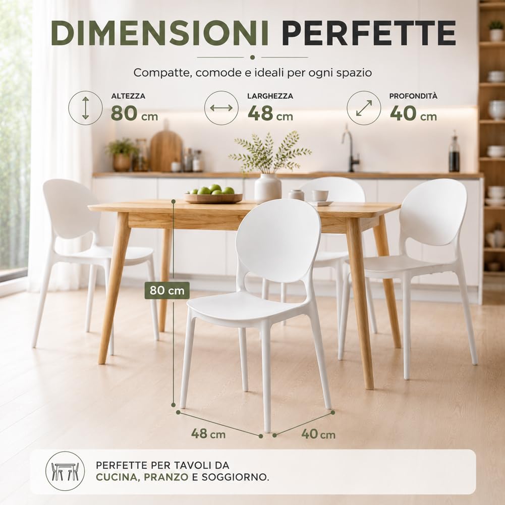 BAKAJI Set 4 Sedie da Pranzo Impilabili Salvaspazio Modello Milano, Struttura Resistente Polipropilene, Seduta Ergonomica Ideale per Interno, Esterno, Casa, Giardino, Ristorante, Bar, 48 x 40 x 80 cm