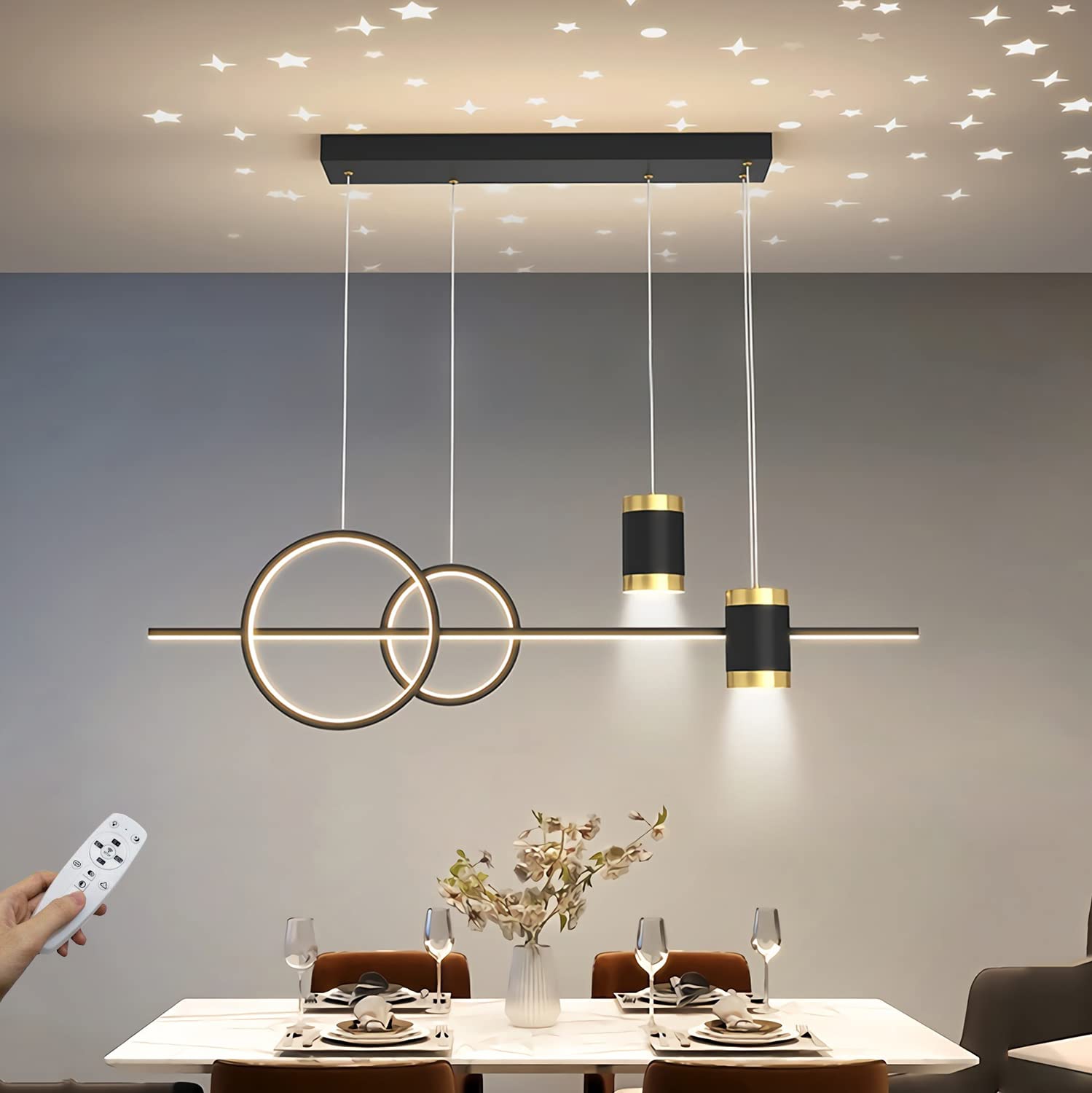 Lampy wiszące LED Stół Nowoczesna lampa wisząca z regulacją wysokości Designerska lampa wisząca Możliwość przyciemniania za pomocą pilota Lampa wisząca do jadalni Salon Kuchnia Bar 100cm (czarny)