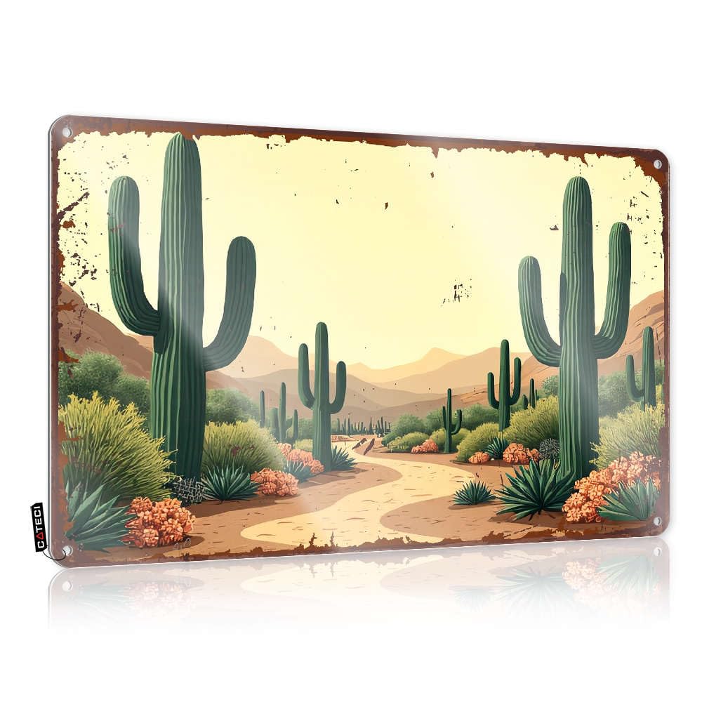 Fzfn Men's Colour Backyard Decor Tin Wall Decor Rustic Essentials | Desert Landscape With Cacti And Winding Path. Cottage Metal Wall Decor For Cafe Home(30X40cm)