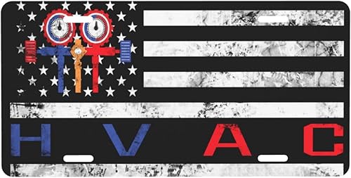 Placa de matrícula de aluminio frontal personalizada vintage con bandera estadounidense de Técnico HVAC, adecuada para jugar al aire libre, 6 x 12