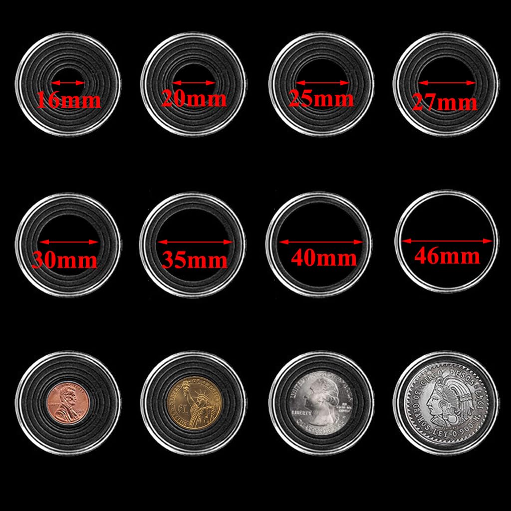 40 cajas de cápsulas de monedas de 46 mm con 7 tamaños (16/20/25/27/30/35/40 mm), juntas de espuma EVA negra, protectores de monedas, organizador de cajas de almacenamiento de plástico para