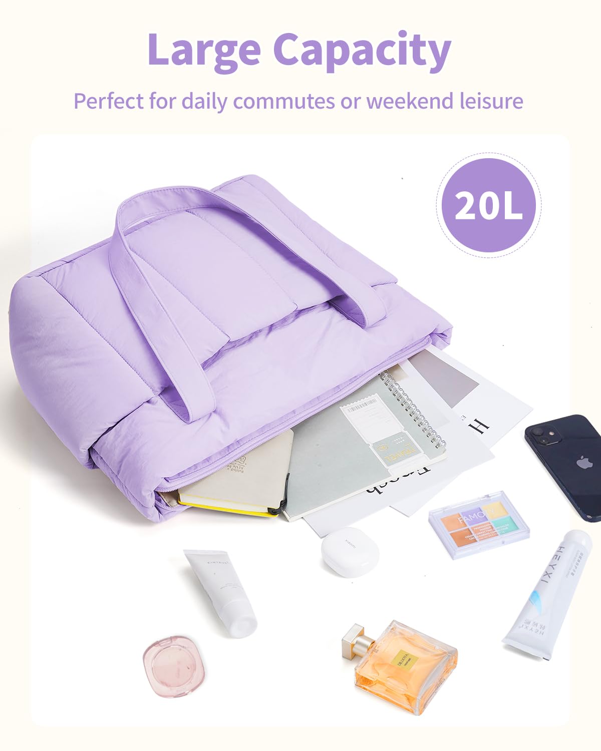 Narwey Bolso Tote Mujer Acolchado Grande, Puffer Tote Bag de Trabajo y Deporte con Cremallera y Compartimentos para Portátil, Bolso de Mano y Hombro Ligero para Escuela, Universidad y Viaje (Violeta)