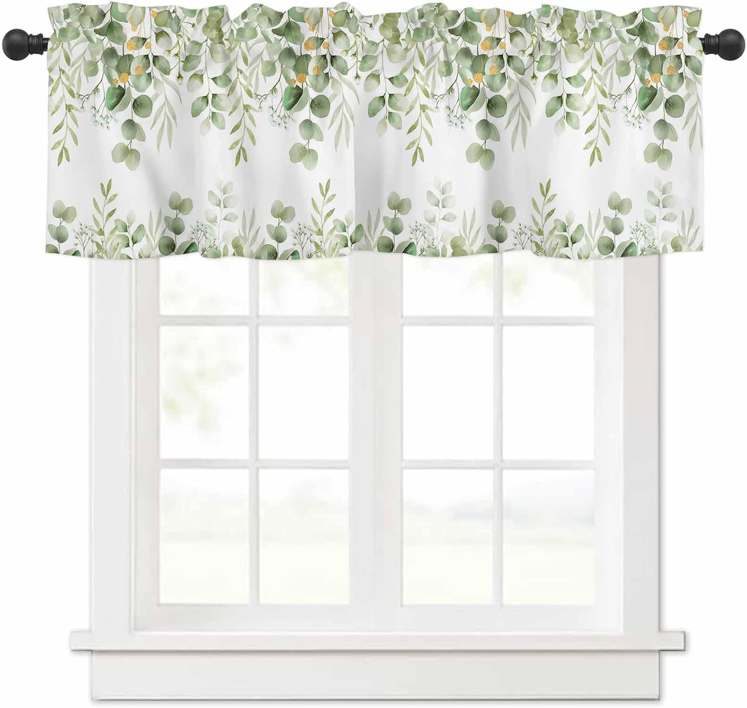 Sage Green Valances for Windows, Eucalyptus Leaves Kitchen Curtains Valances Rod Pocket Valance Curtains for Bathroom Window, Spring Summer Watercolor Botanical Valance for Living Room Bedroom 42"x12"