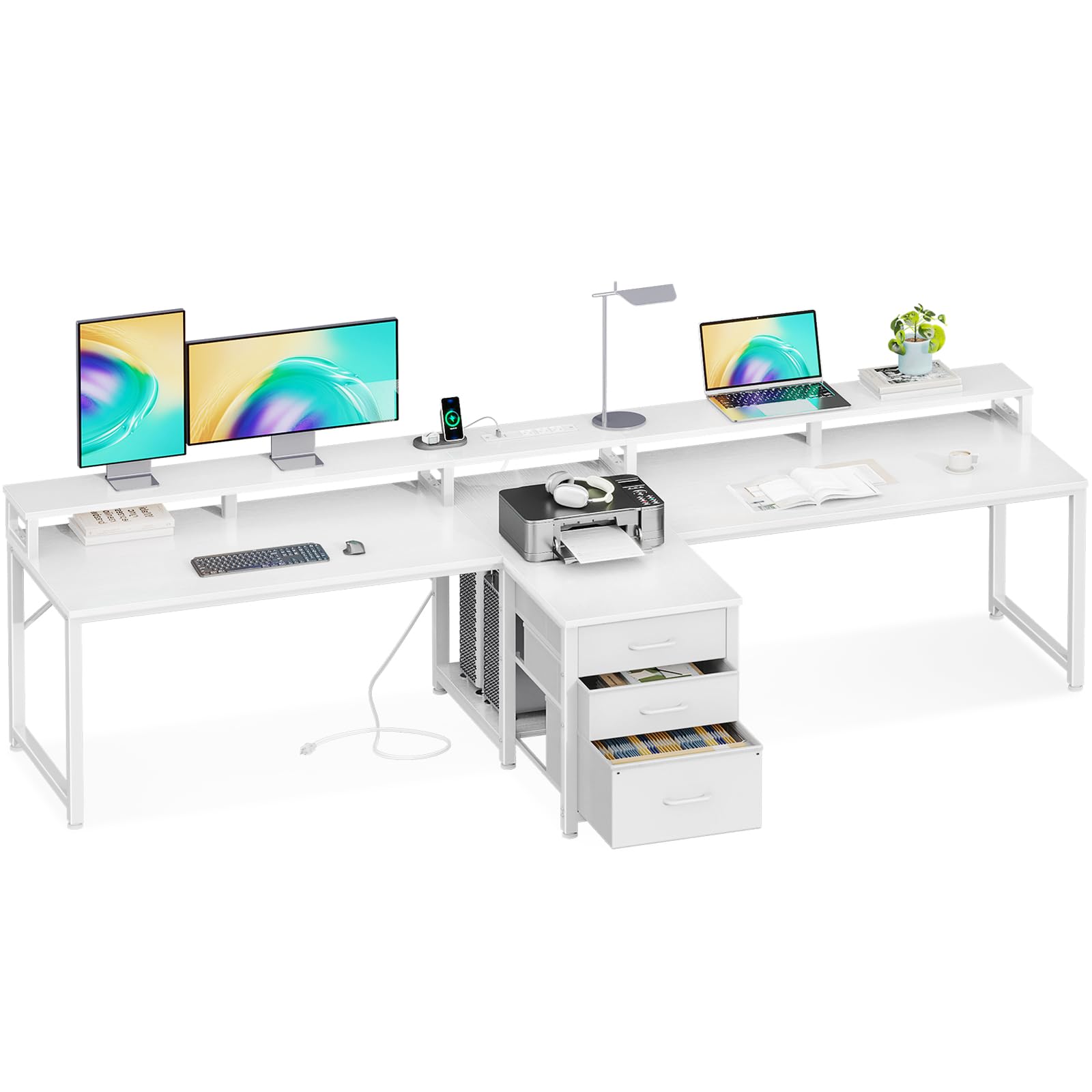 Coleshome 94" Computer Desk with Fabric Drawers & File Cabinet- 2 Person Home Office Desks with Power Outlet, Long Writing Desk with Monitor Stand, Storage Shelves, Study/Work Table, White
