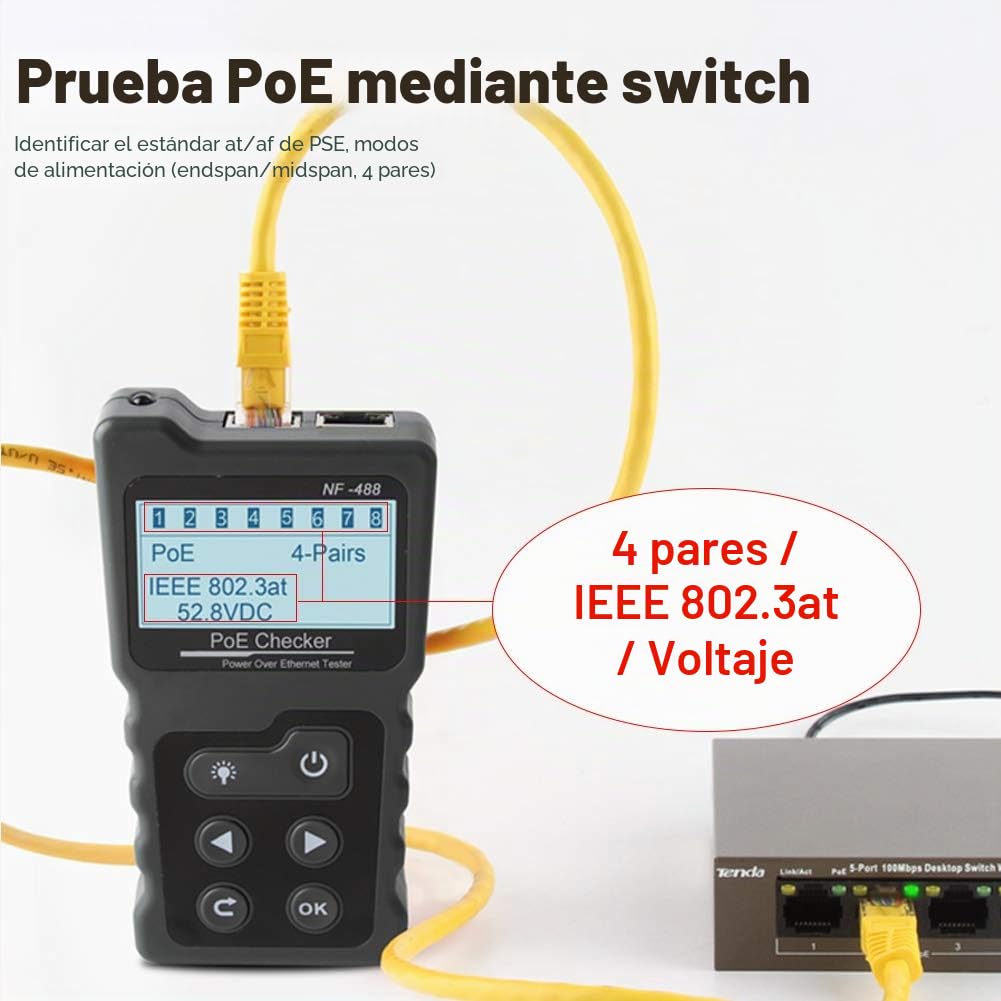 KALEA-INFORMATIQUE Comprobador de Cables de Red RJ45 RJ11: mapeo de Cables, Prueba de PoE (Presencia, Corriente, tensión, Potencia), Prueba de Consumo de energía.