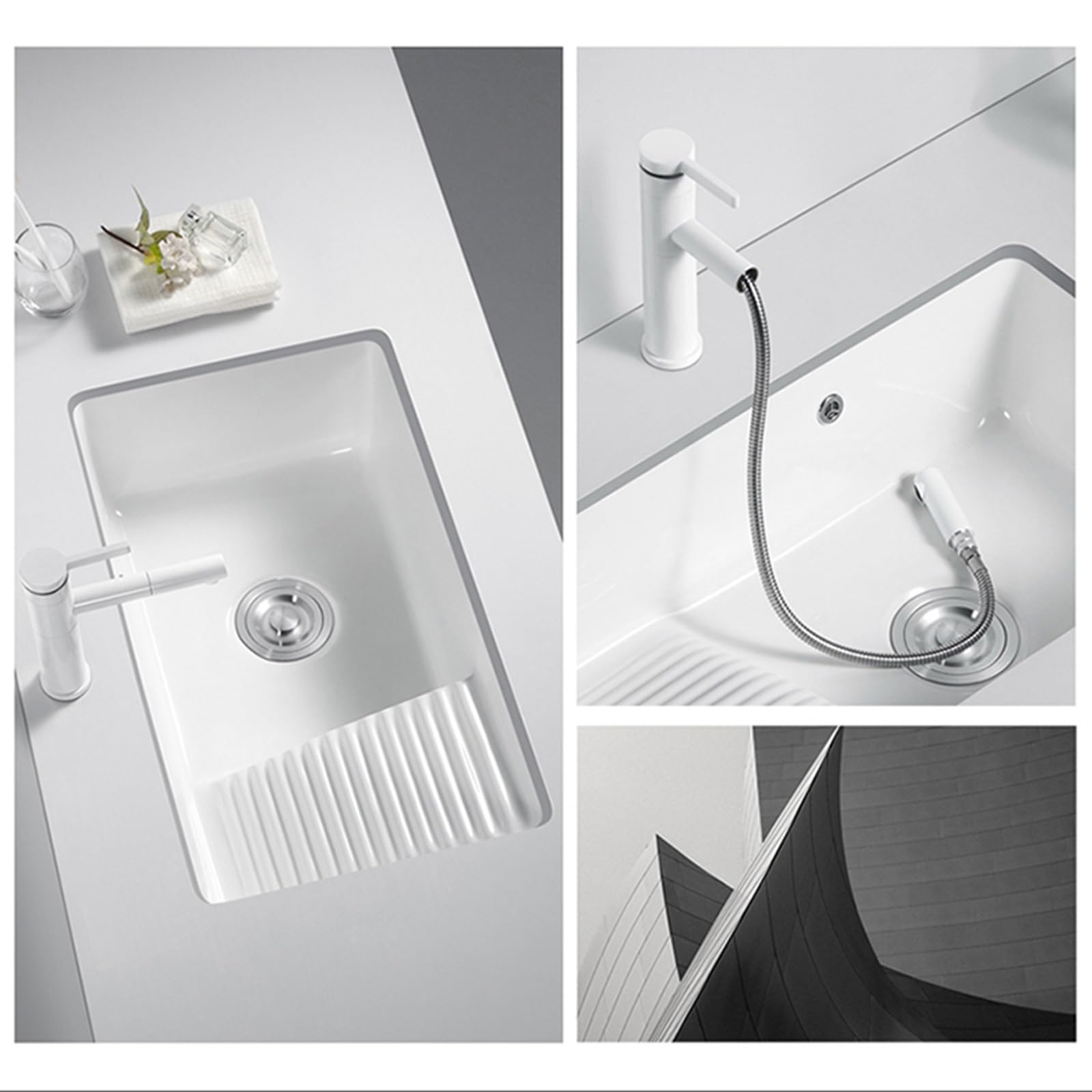 Fregadero rectangular de cerámica blanca con tabla de lavado y rebosadero, ideal para lavandería, balcón o baño (21 x 15.7 x 8 pulgadas), diseño duradero y elegante