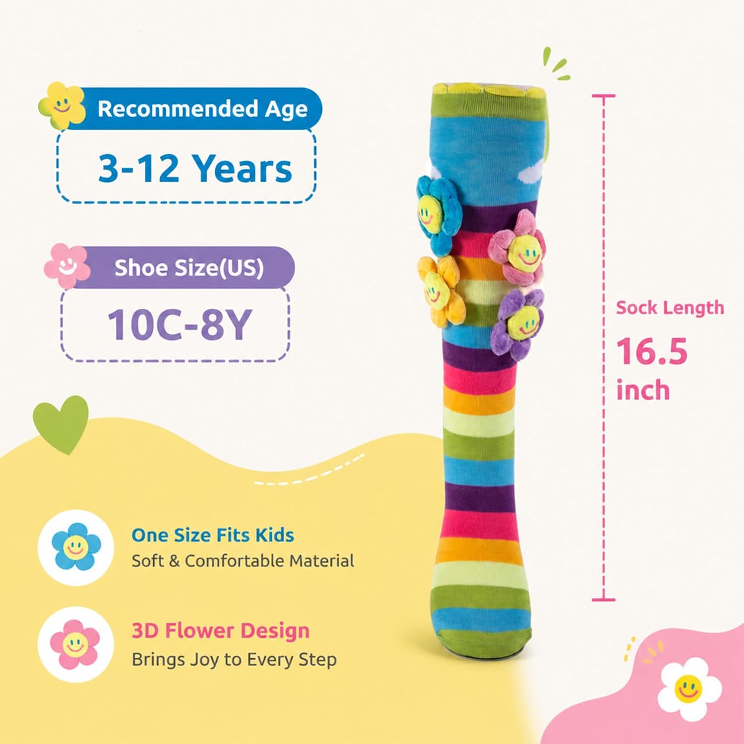 Crazy Fun Girls Knee High Socks - 3D Flower Rainbow Novelty Sock Crazy Day