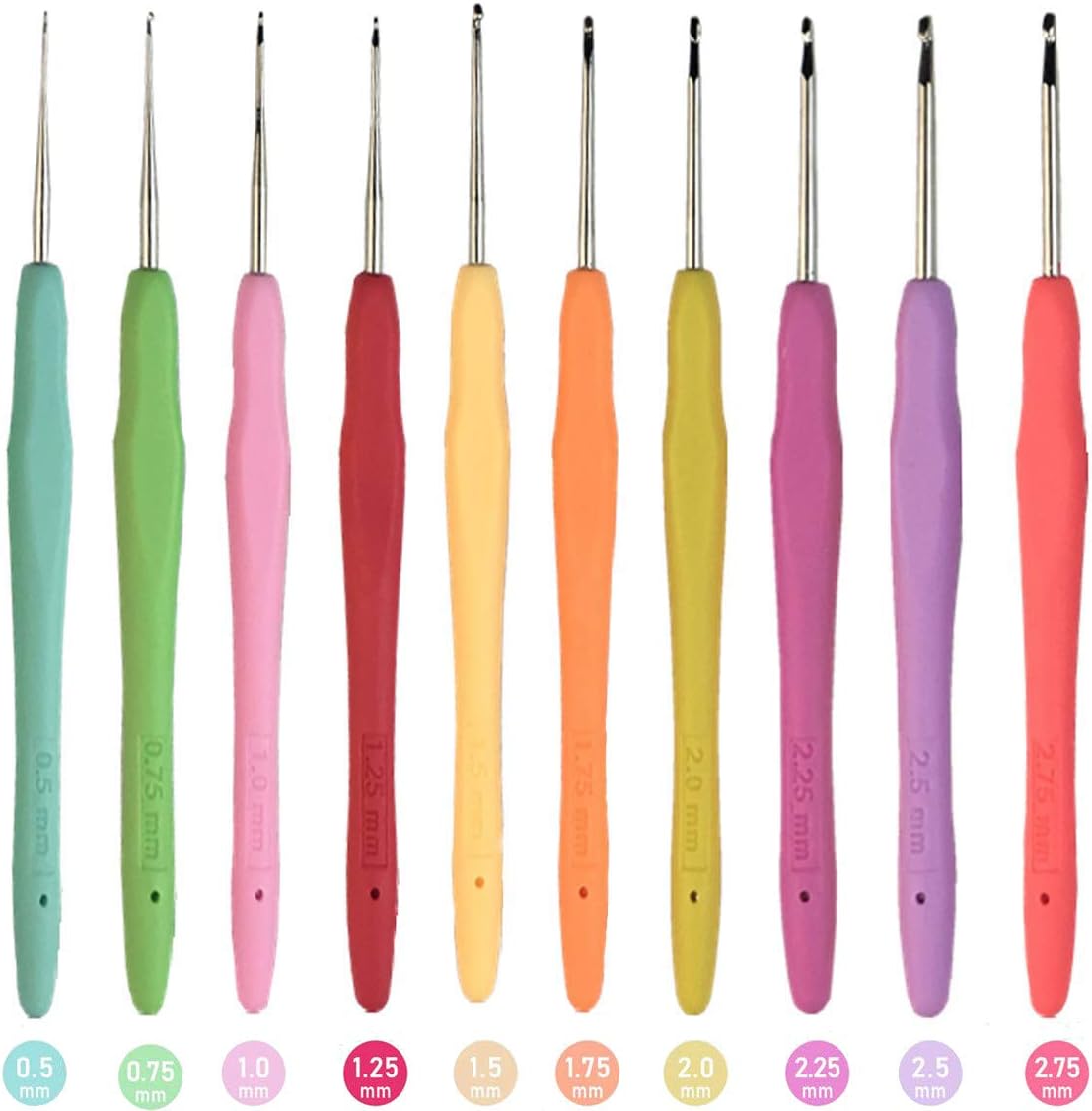 10 Small Sizes Crochet Hooks Set, 0.5mm 2.75mm Ergonomic Soft Handle