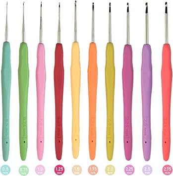 MTGHYARE 10 Small Sizes Lace Crochet Hooks Set 0.5mm - 2.75mm Ergonomic Soft Grip Handle Crochet Hook Needles Thread Crochet Hooks Yarn Lace Knitting Needles