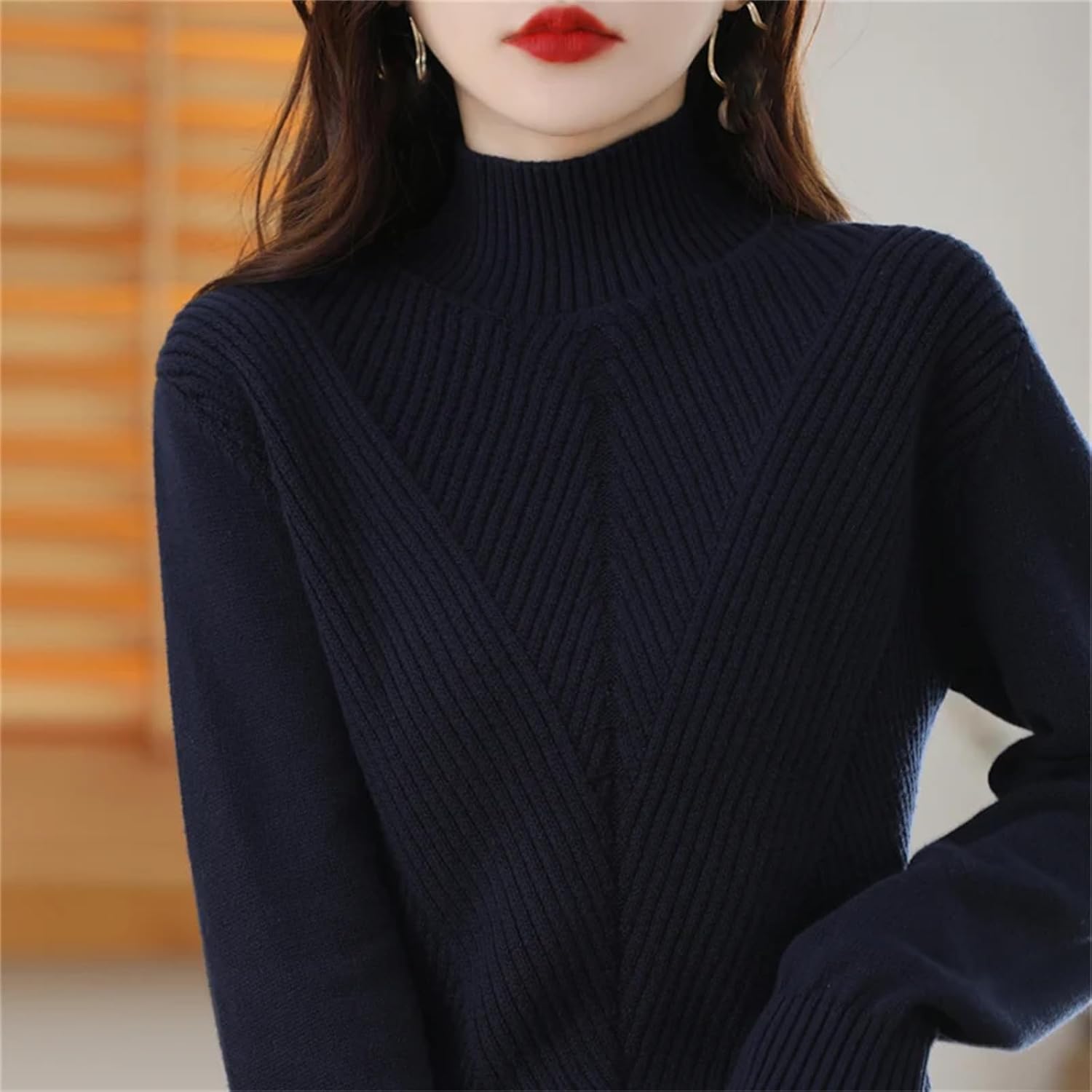 Cotton Knit Sweater Half High Collar Stripe Pullover Thickened Bottoming Casual Knitted Top for Girls