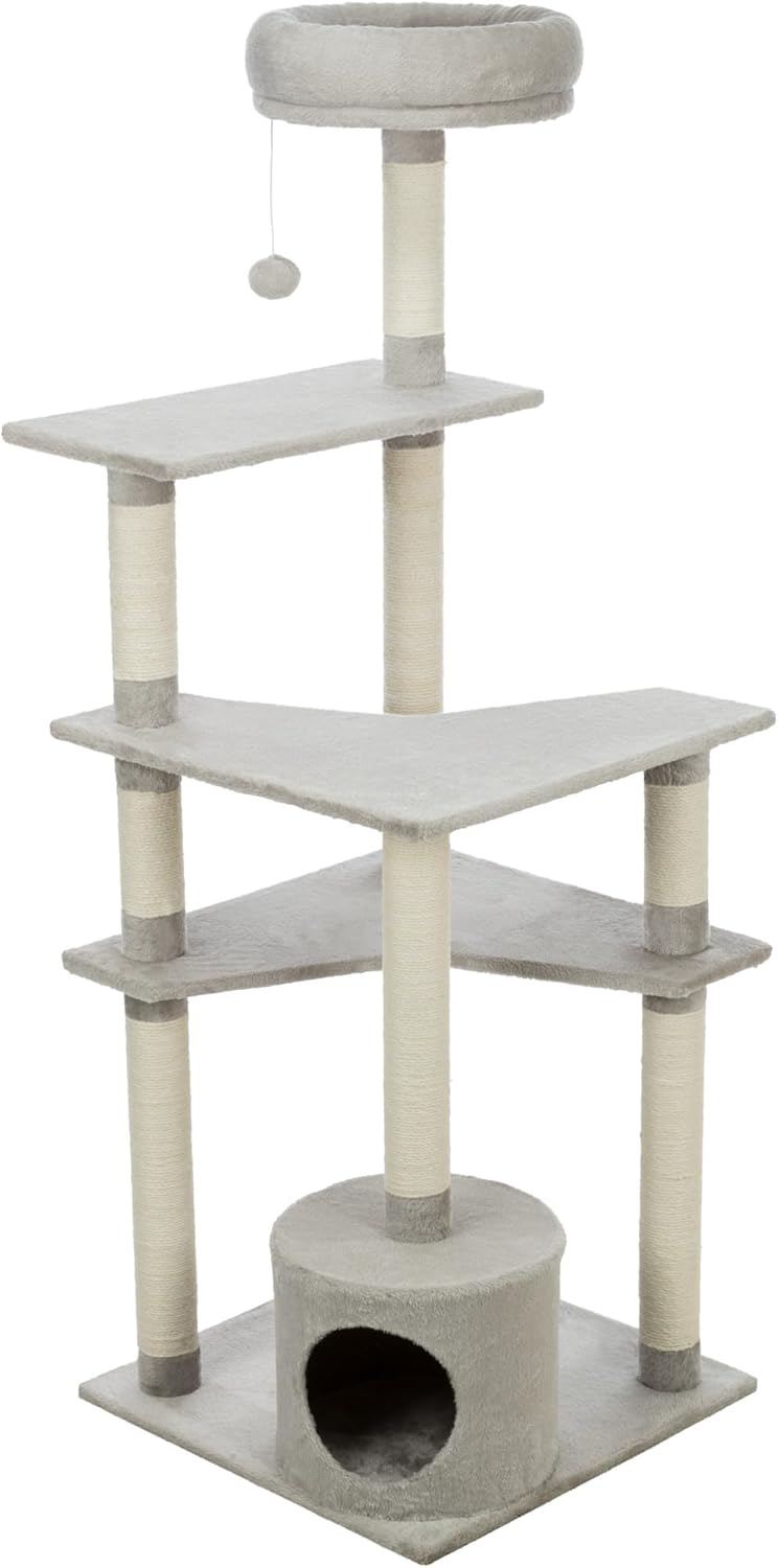 TRIXIE 56" Federico Cat Tower - Indoor Cat Furniture with Jute Scratching Posts - Tree with Condo, Platforms, Hammock, Dangling Toy - Greige