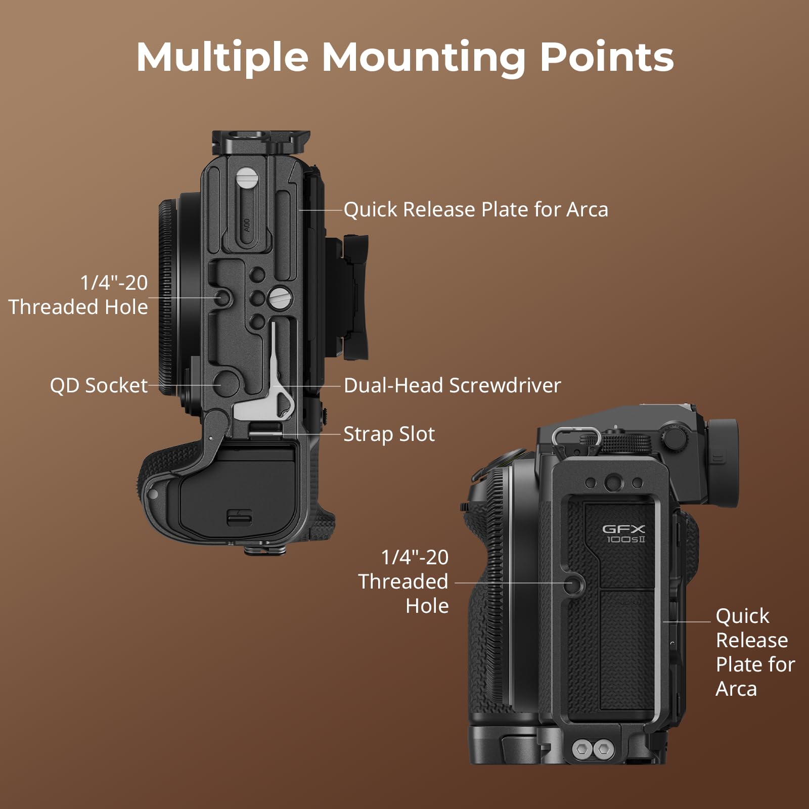 SMALLRIG Support en L pour FUJIFILM GFX100S II, L Bracket pour Arca, avec Trous Filetés 1/4"-20, Prise QD, Support pour Cold Shoe, Prenant en Charge la Prise de Vue Horizontale et Verticale - 4716