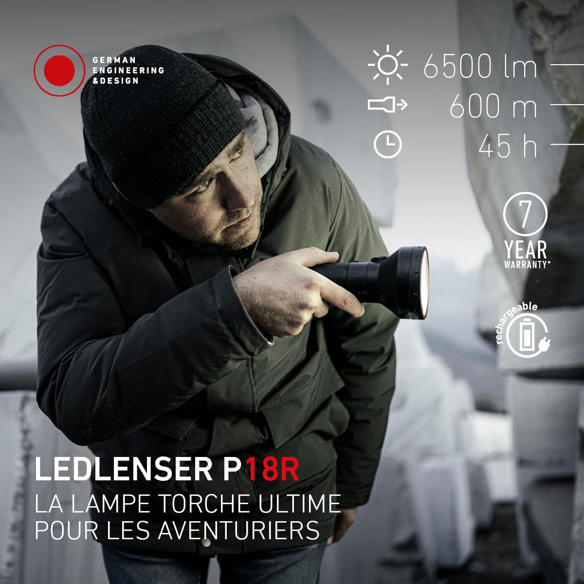Ledlenser P18R Lampe LED rechargeable, 6500 lm, 600 m, 8 modes, USB-C, IP68, 45 h – Projecteur très lumineux pour camping, extérieur