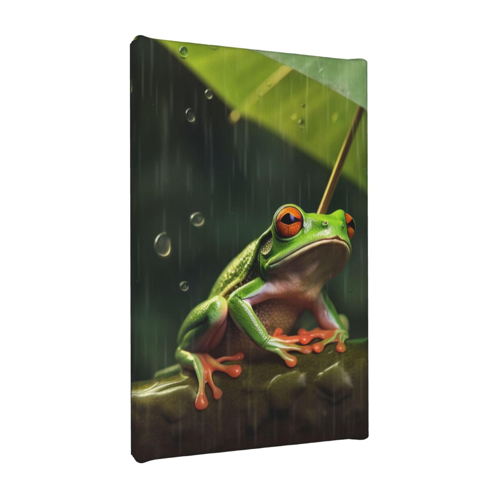YKLJG Frog and Rain Printed Wall Art Canvas Painting 20x30 CM Wooden Framed Picture Painting Artwork Prints for Bedroom Kitchen Home Office Decor