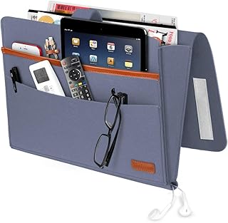 SIMBOOM Tasca da Letto, 4 Tasche Portaoggetti per Letto o Divano, Borsa Feltro Comodino per iPad, Tavoletta, Riviste, Telecomando, Cellulare, Occhiali - Blu Grigio