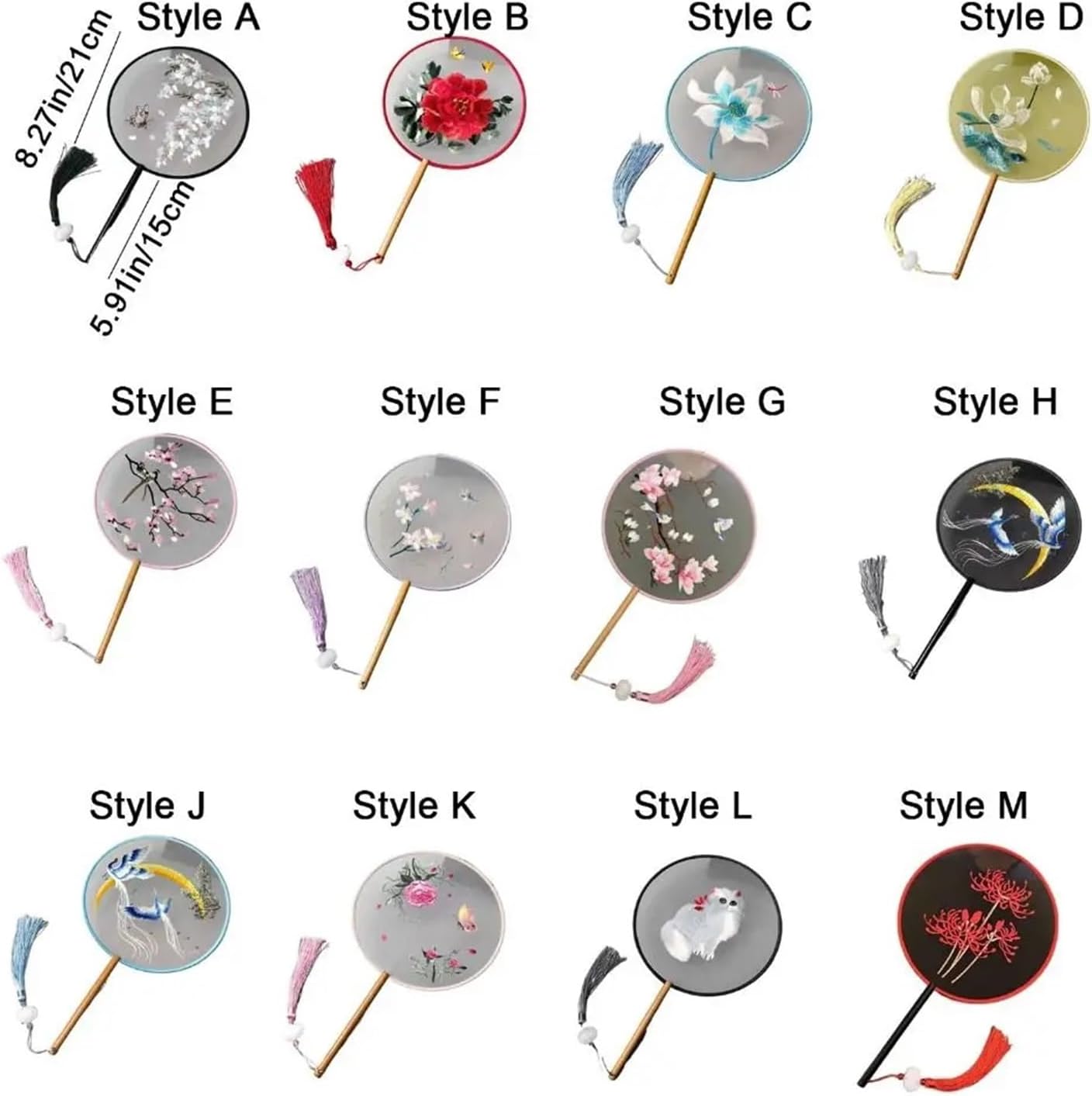 Round Double Sided Embroidery Fan Handle Tassels with Pendant Hanfu Hand