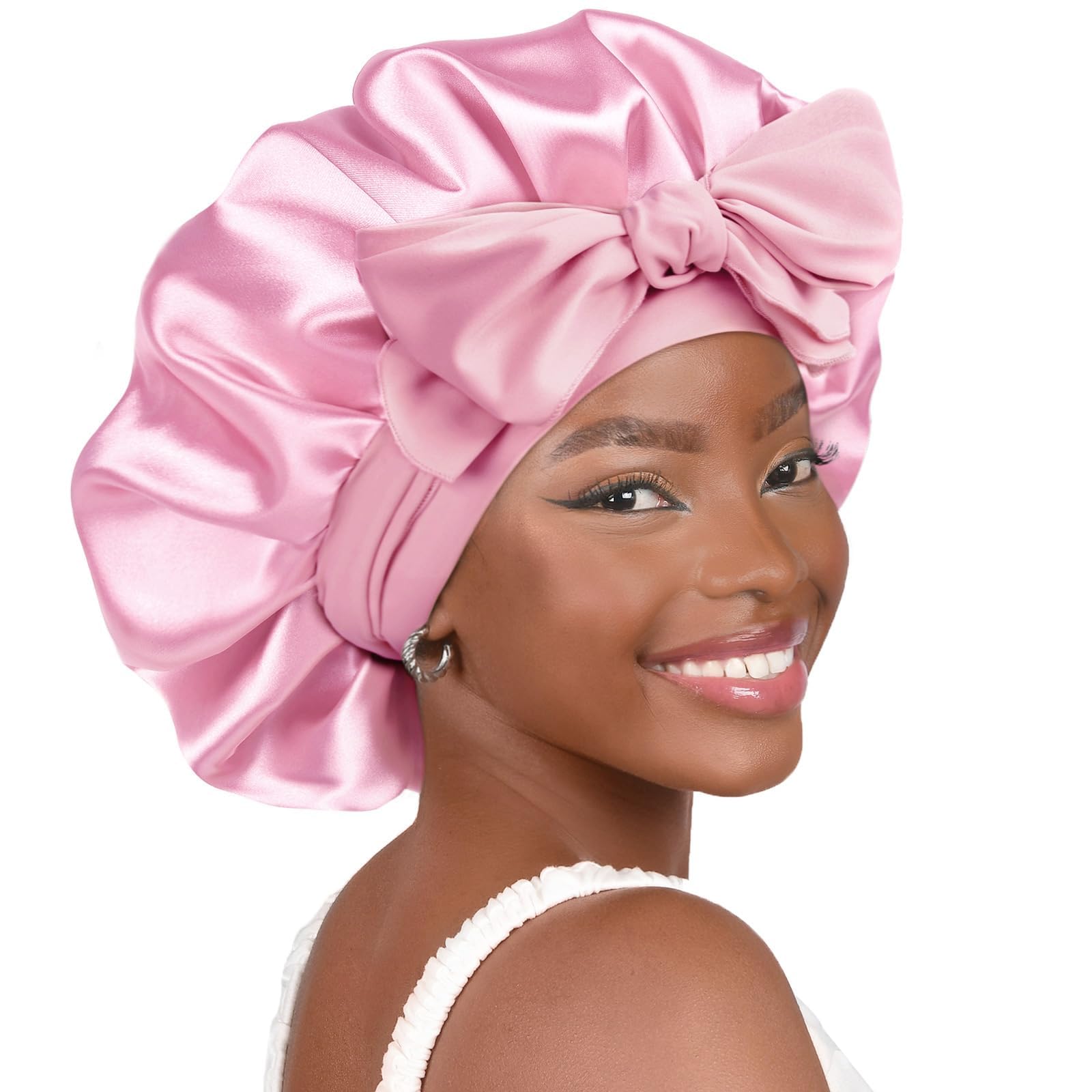 Yanibest Women's Pink Silk Bonnet For Sleeping Satin Bonnet Double Layer Satin Lined Hair Bonnet With Tie Band Curly Hair