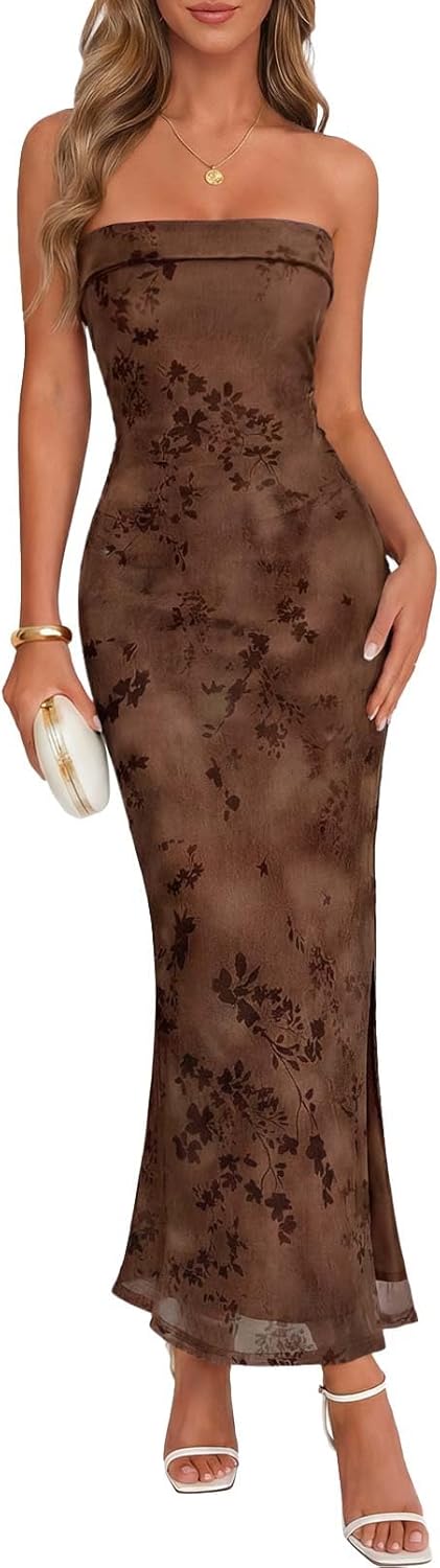 MEROKEETY Women's 2026 Summer Floral Strapless Dress Bodycon Tube Slit Mesh Wedding Guest Cocktail Party Maxi Dresses