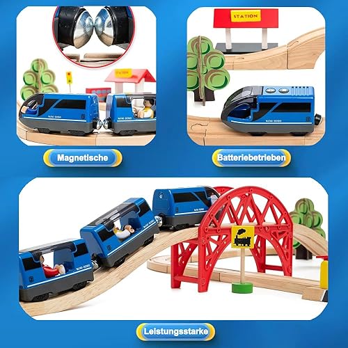 Miniatura 3 de TOPLIVING Tren motorizado para pista de madera, tren eléctrico con conexión magnética, trenes locomotoras a pilas para niños pequeños, compatible
