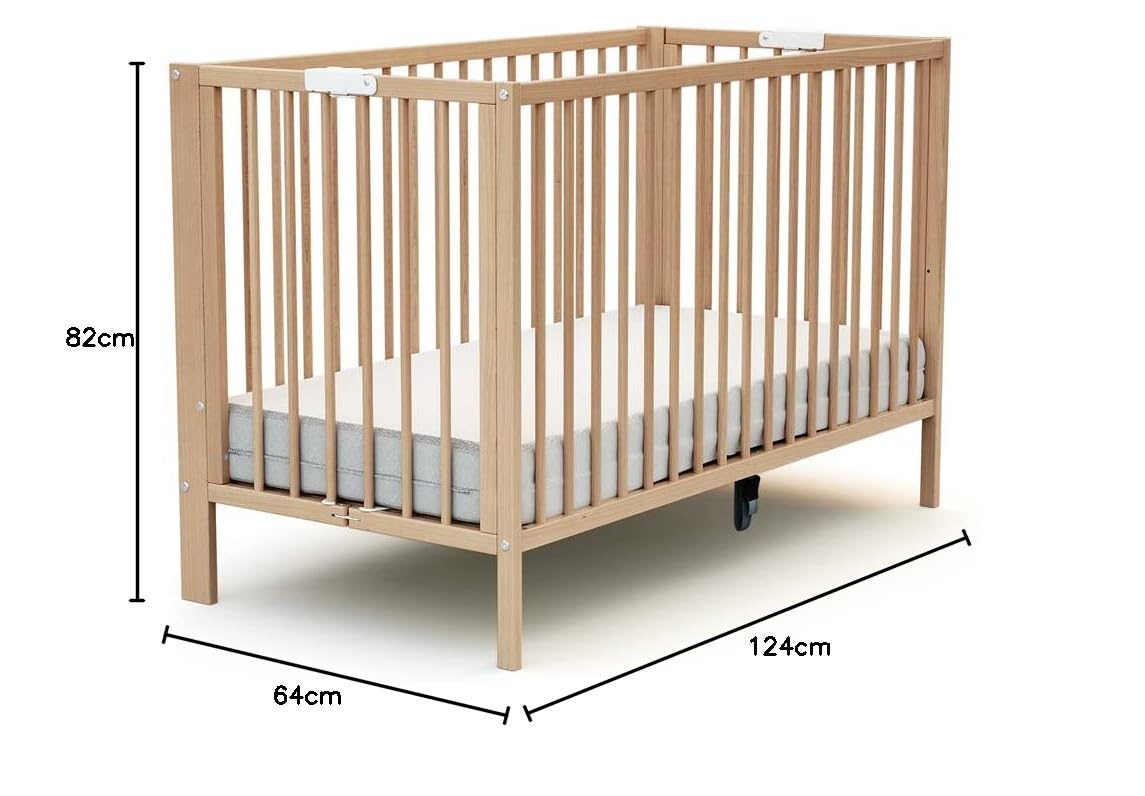 AT4 - Lit bébé Pliant 60x120 Essentiel Hêtre Verni | 124 x 64 x 82 cm | Lit Pliable | Sommier réglable 2 Niveaux intégré au lit (Beige, Lit bébé)