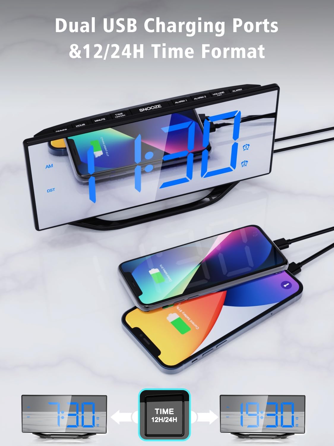 Image showing two phones charging simultaneously using the dual USB charging ports on the back of the alarm clock.