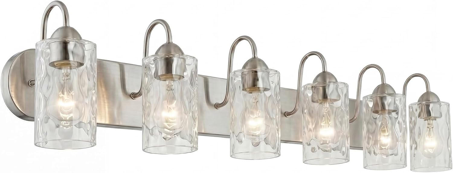 Kira Home Armada II 48" 6-Light Modern Over Mirror Vanity/Bathroom Light, Hammered Glass Shades, Traditional Curved Arms, Brushed Nickel Finish