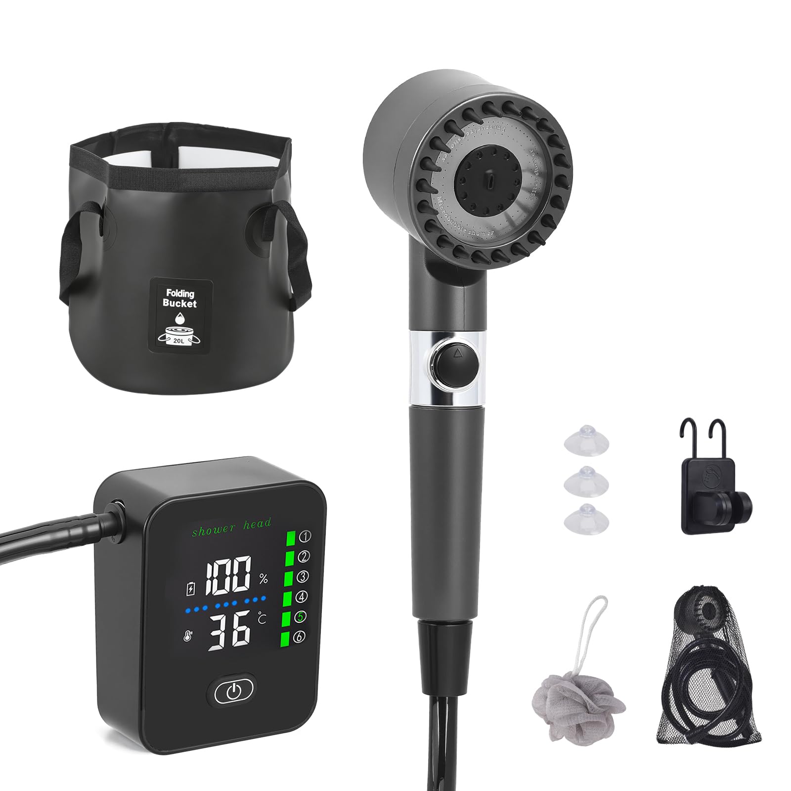 Doccia da campeggio ricaricabile | 8000 mAh | Display digitale | Serbatoio dell'acqua pieghevole da 20 l, Mobile Camping Doccia con filtro dell'acqua e spazzola, IPX8 impermeabile per campeggio