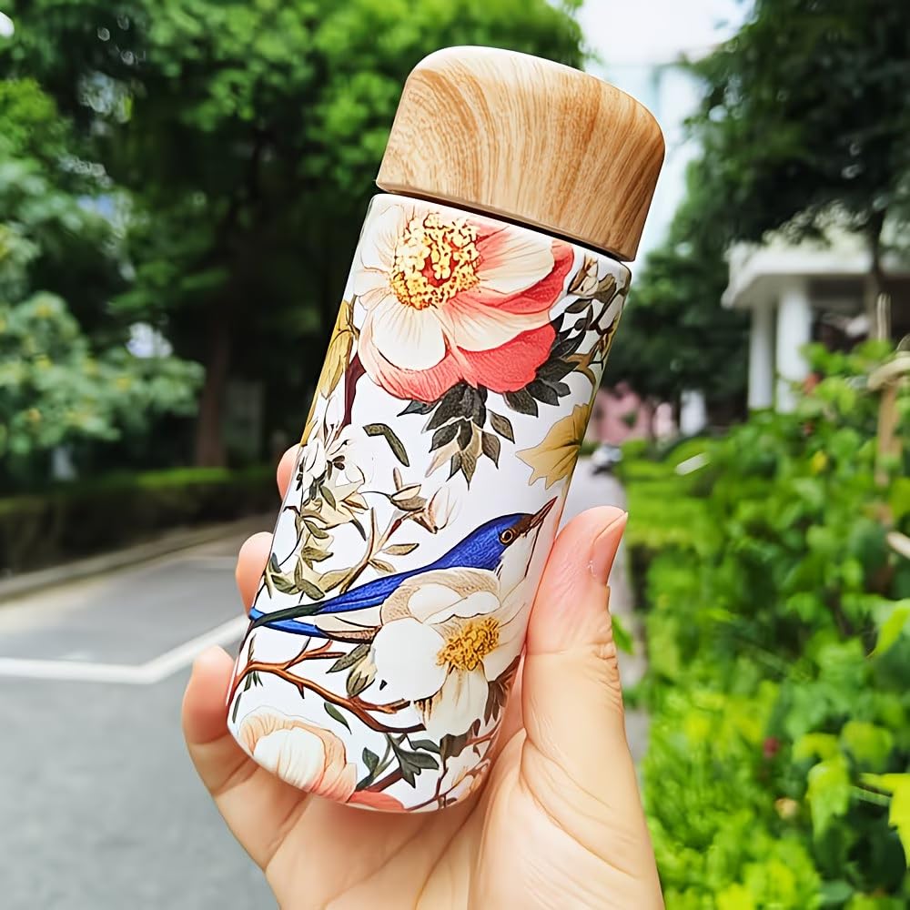 6oz Mini Stainless Steel Vacuum Insulated Water Bottle, Leak-Proof, Wood Grain Lid, Floral Pattern, Portable for Daily, Work, School, Picnic Use,Magpie Pattern