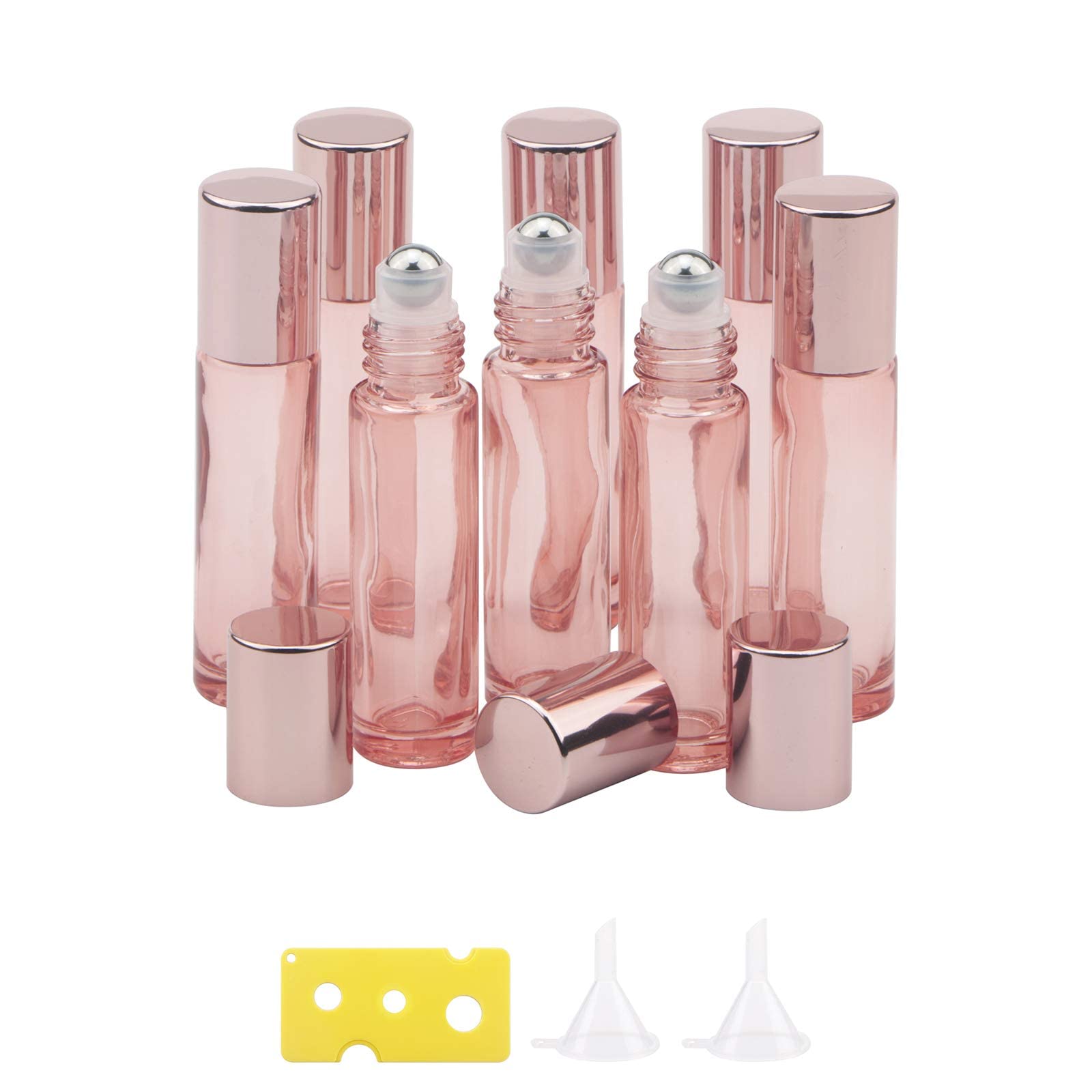 TERRIFIEssential Oil Roller Bottles, 8Pcs 10ml (1/3 oz) Roller Bottles with Stainless Steel Roller Balls, Funnels and Opener for Travel, Perfume and Lip Gloss, Rose Gold