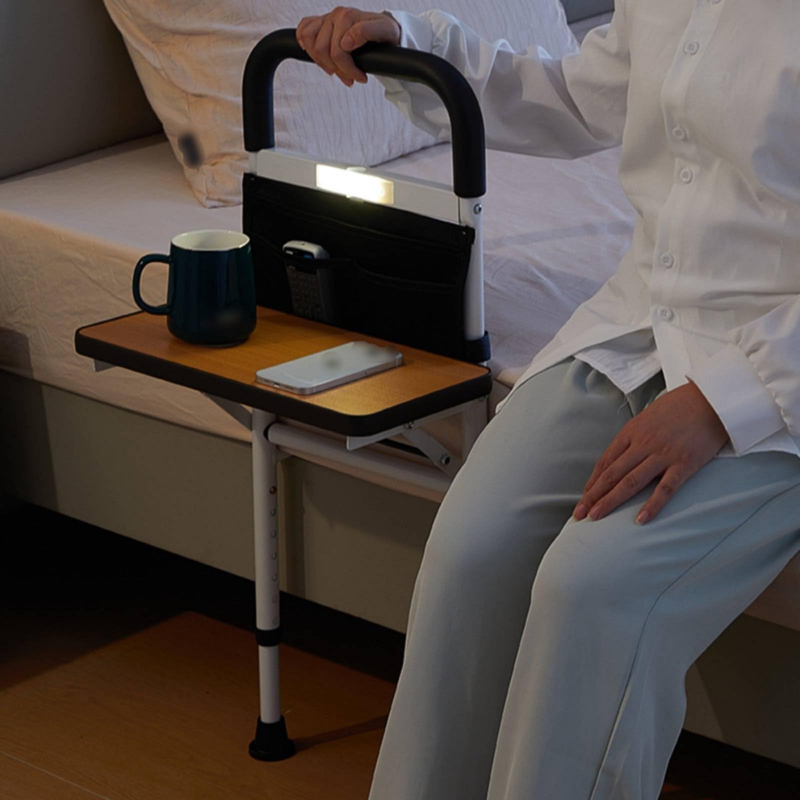 de Cama para Ancianos Asidero Protector Soporte con Bandeja y Luz Nocturna con Agarre Curvo Cómodo y Puntos de Apoyo, con Luz Y Mesa - Barandilla De Cama Elevable