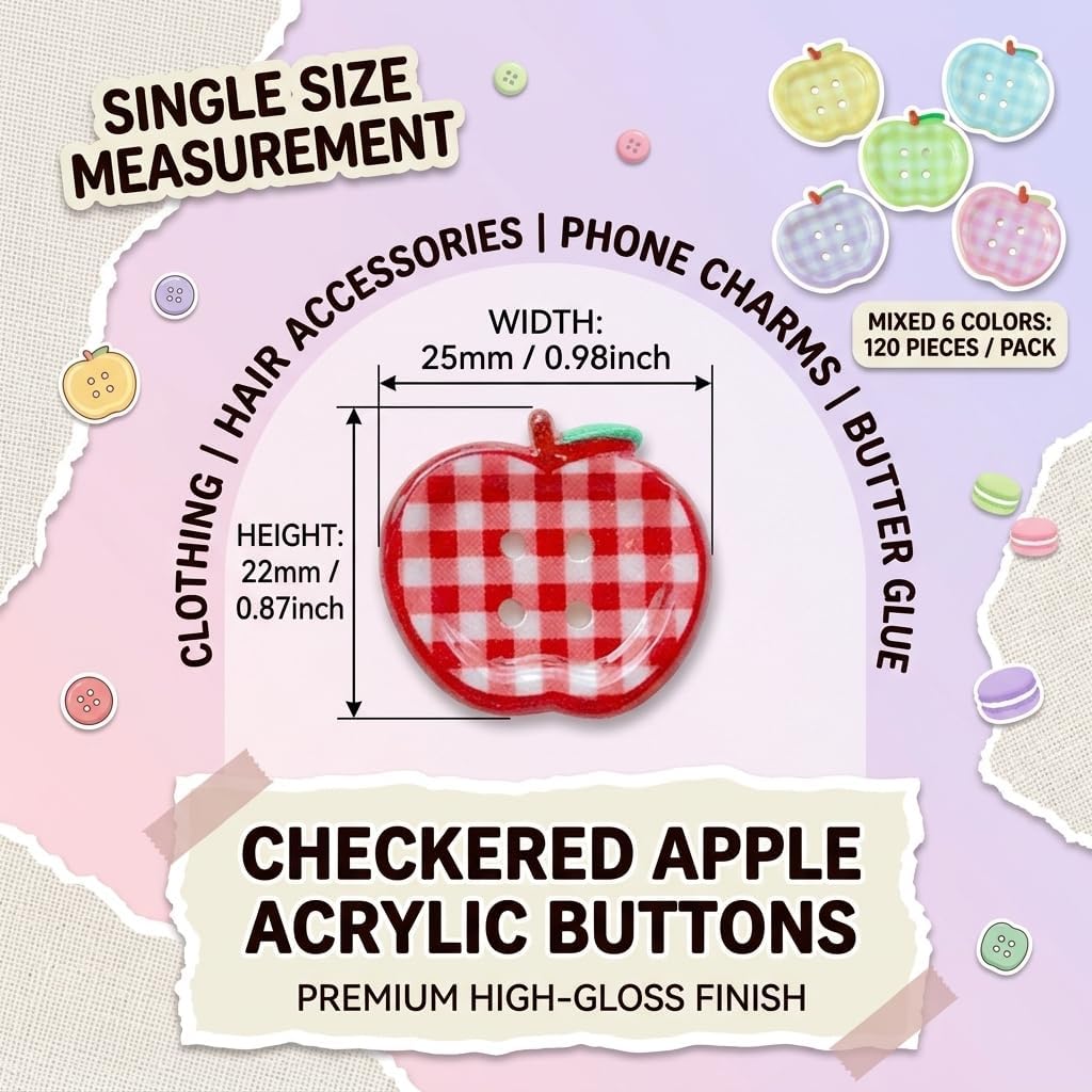 120PCS Apple Buttons, Gingham Sewing Buttons Bulk for Crafts Clothes & Bag image 2