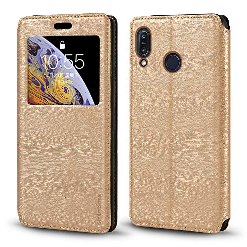 Shantime Custodia Flip in Pelle con Finestra Compatibile con Asus Zenfone Max M1 ZB555KL, Display Visibile, Chiusura Magnetica Invisibile e Slot Carta(Oro)
