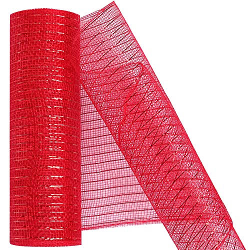MIKIMIQI Deco Mesh 10 Inch x 30 Feet Deco Poly Mesh Ribbon with Metallic Foil Deco Mesh Wreath Supplies Ribbon Mesh Roll for Spring Wreaths, Swags, Craft, Party Decoration (Red)