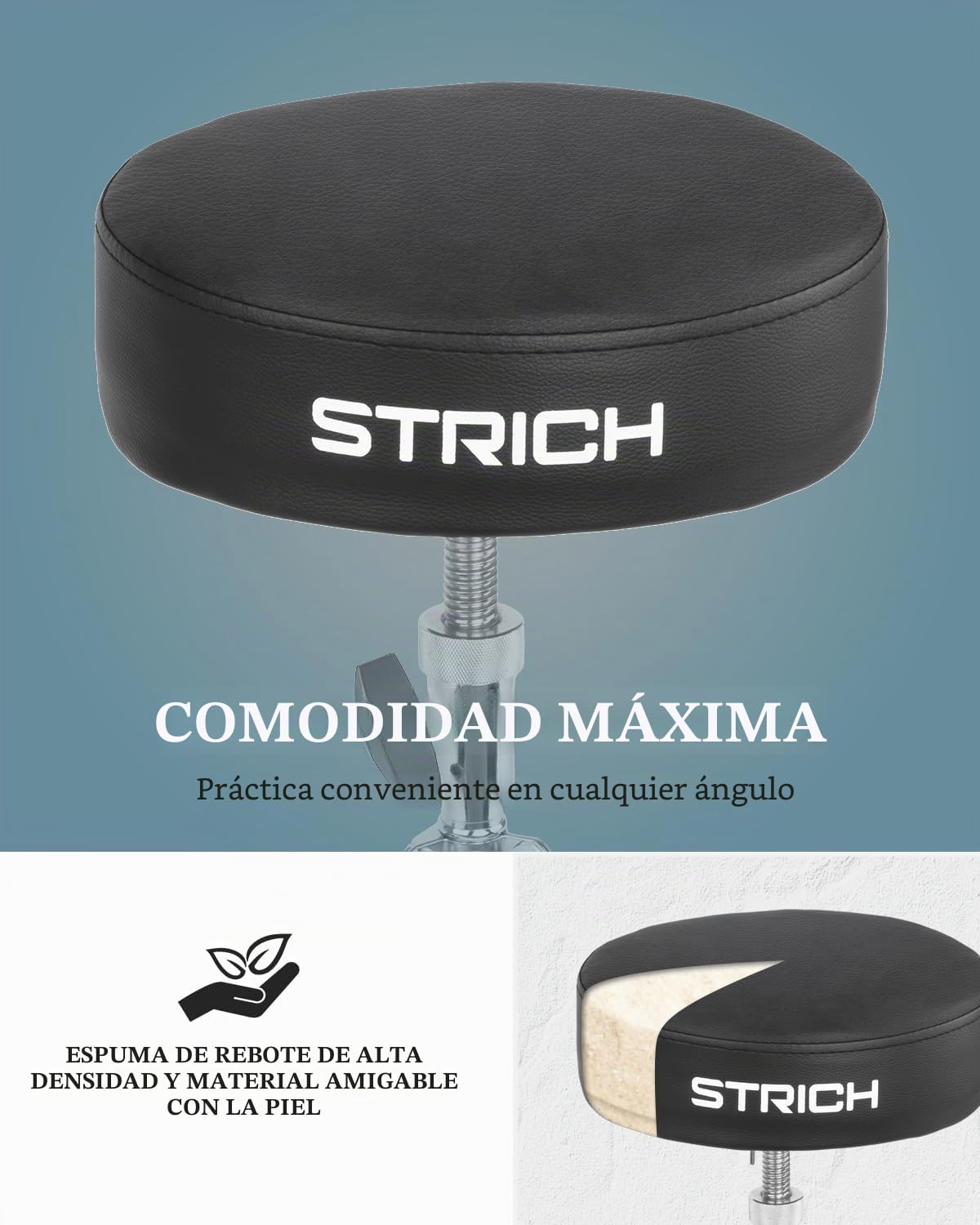 STRICH Drum Throne, taburete de tambor acolchado de altura ajustable, silla de tambor giratoria resistente, taburete acolchado de doble refuerzo con baquetas 5A, SDB-20