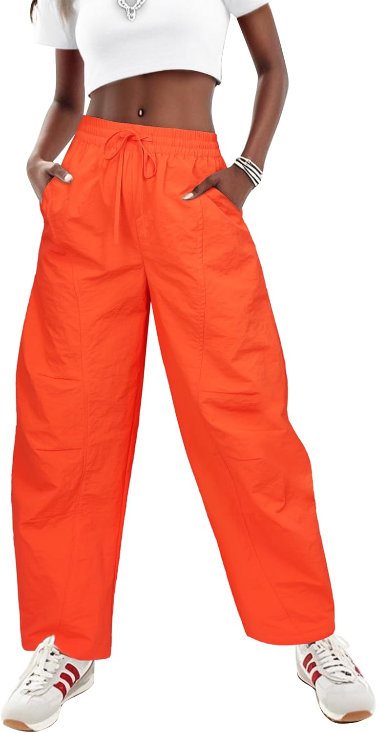 Women's Summer Cargo Pants 2026 High Waist Loose Barrel Parachute Drawstring Lightweight Hiking Raver Trousers