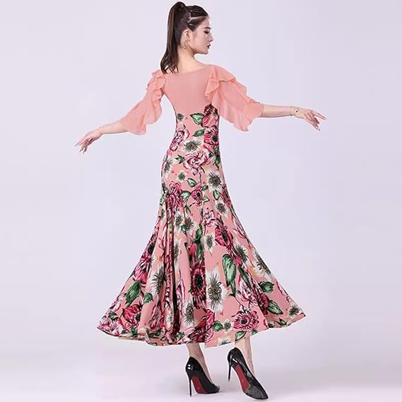 Amazon.co.jp: [RIKOUZY] 社交ダンスドレス ピンク花柄 フリル袖