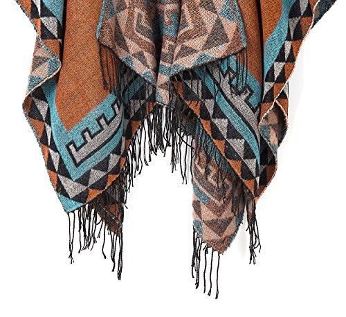 Urban Coco Women's Printed Tassel Open Front Poncho Cape Cardigan Wrap Shawl (Orange-Series 5) #TOP4