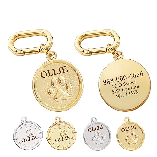 MEMOPAW Dogs ID Tags Personalized Double Sided Deep Engraved Cat & Dog Collar Charm Round Shape Frosting Process Silver/Gold Plated (PAW-Gold)