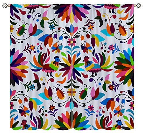 Amextrian Cortinas opacas con elementos mexicanos para decoración del hogar, estilo otomí mexicano, con bolsillo para cortinero, cortinas con aislamiento térmico, cortinas de oscurecimiento para
