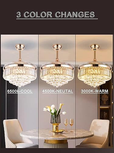 Miniatura 6 de MORE CHANGE Ventilador de techo de cristal de 42 pulgadas con luces LED, ventilador de techo dorado con aspas retráctiles y control remoto,